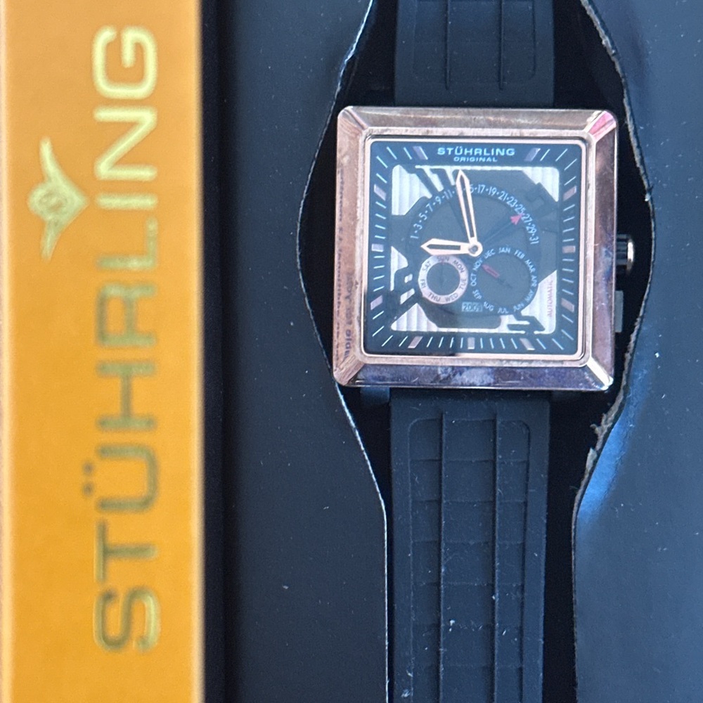 STUHRLING - Gaston - MASTER CALENDAR | Black Square-Band|Rose Gold Accents Watch